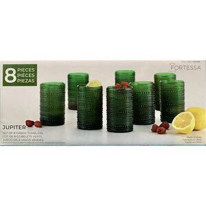 Set of 8 Fortessa Jupiter Glass Tumblers Green Beaded Textured 13 Ounces Each